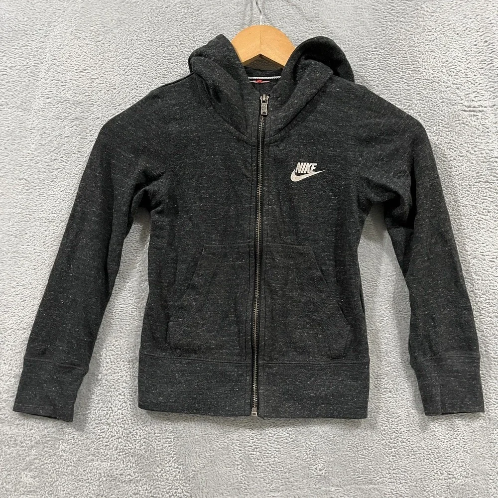 Vintage Nike Hoodie Girls Small Charcoal Gray Cotton Gym Fleece Logo‎ Full Zip